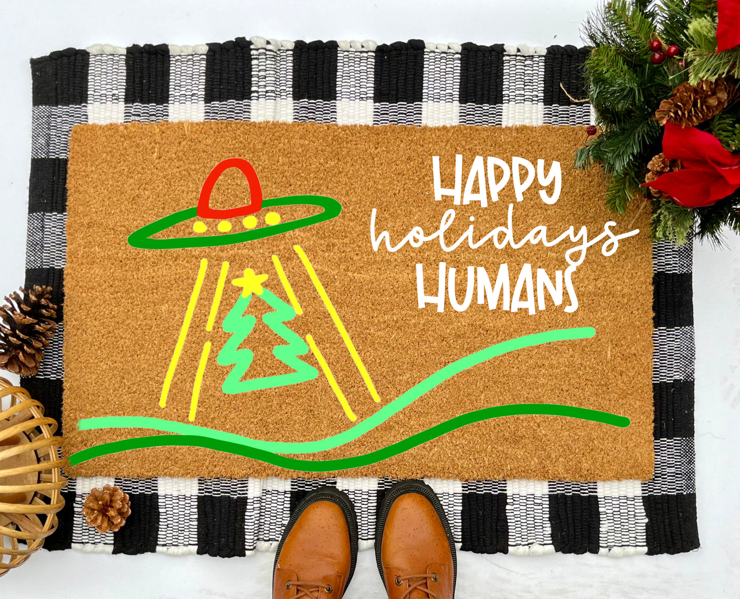 Happy Holidays Humans UFO Coir Doormat